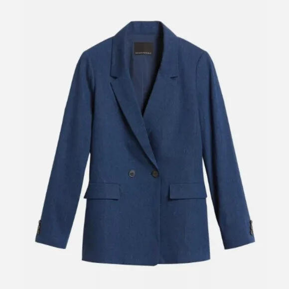 BANANA REPUBLIC Boyfriend Fit Linen Blend Blazer 6 Double Breasted Blue Summer