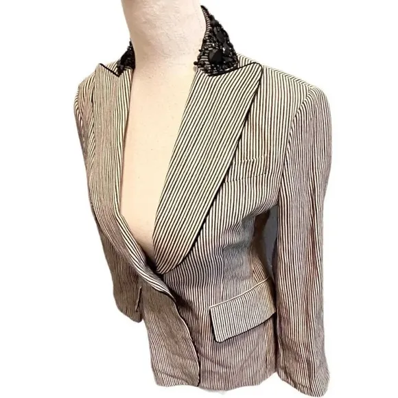 BCBGMaxazria striped beaded neckline Martine 1 button blazer work career XXS