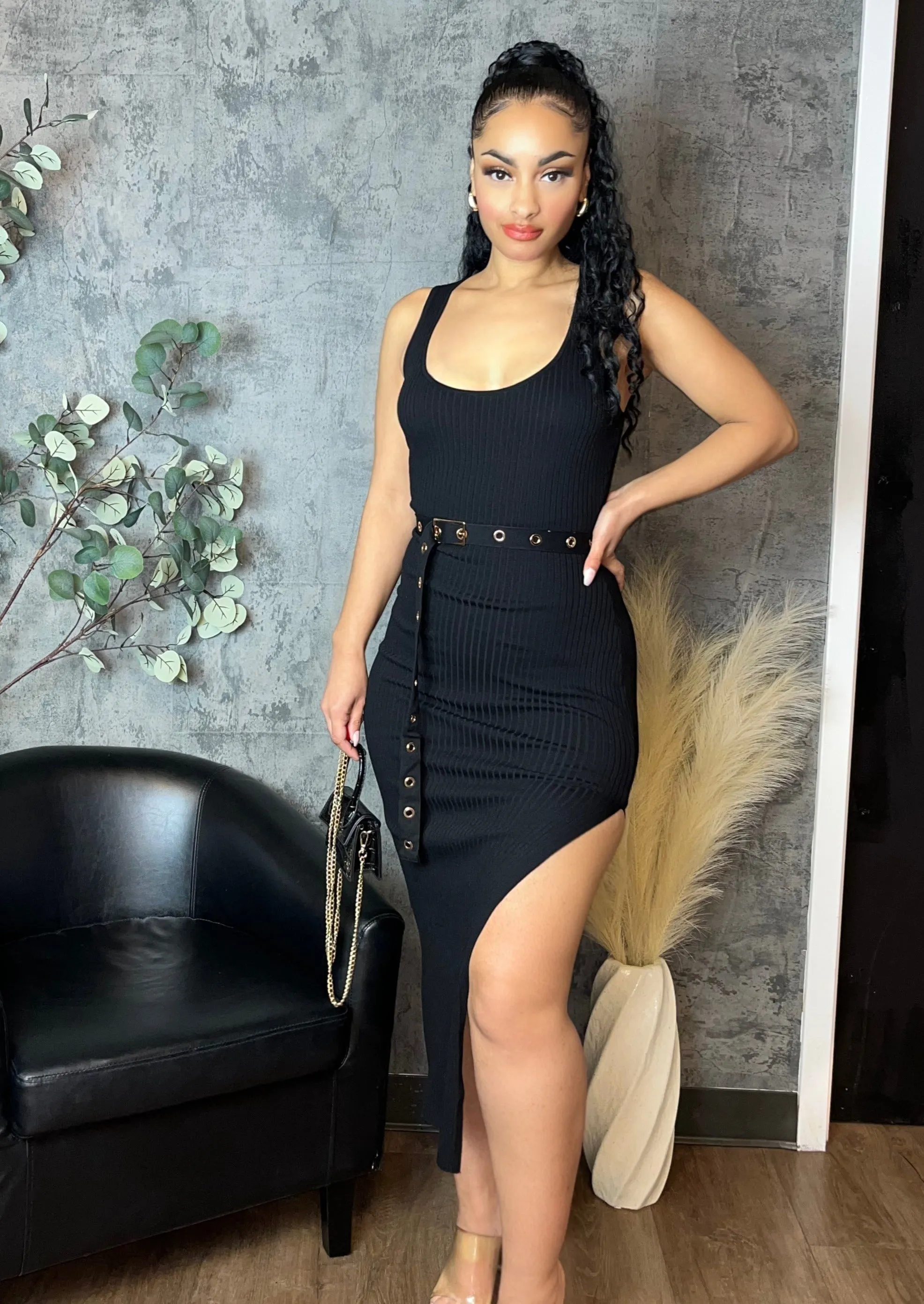 Belted Ribbed Side Slit Midi Dress (Black)