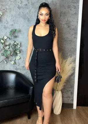 Belted Ribbed Side Slit Midi Dress (Black)