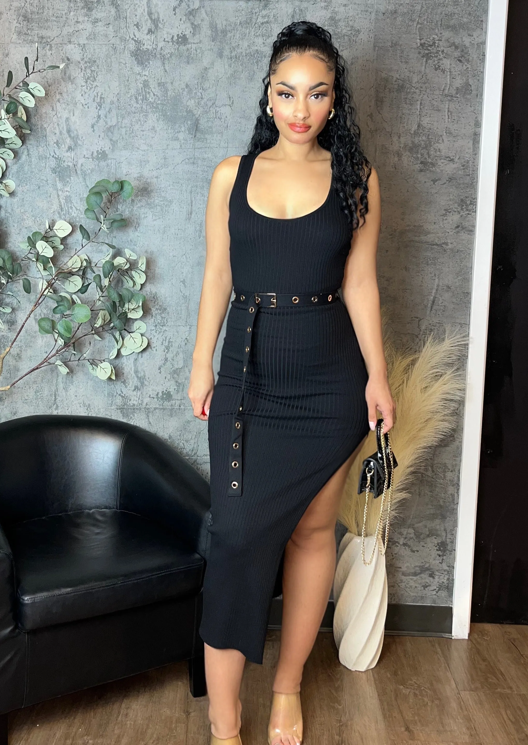 Belted Ribbed Side Slit Midi Dress (Black)