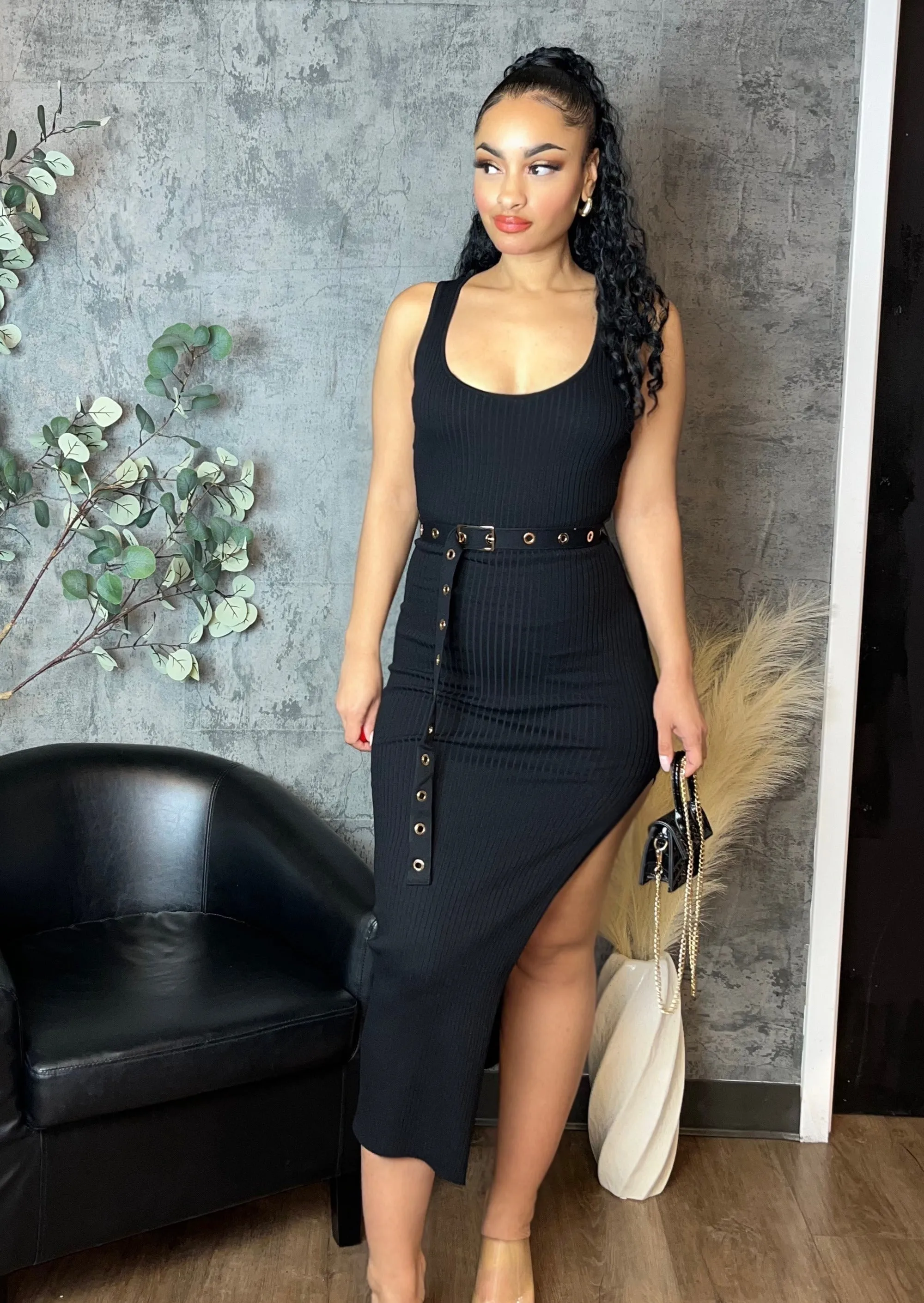Belted Ribbed Side Slit Midi Dress (Black)