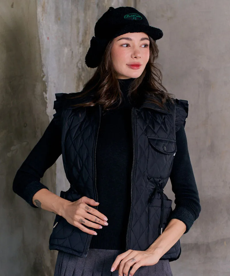 BENECIA 12 Frill Quilted Vest - Black
