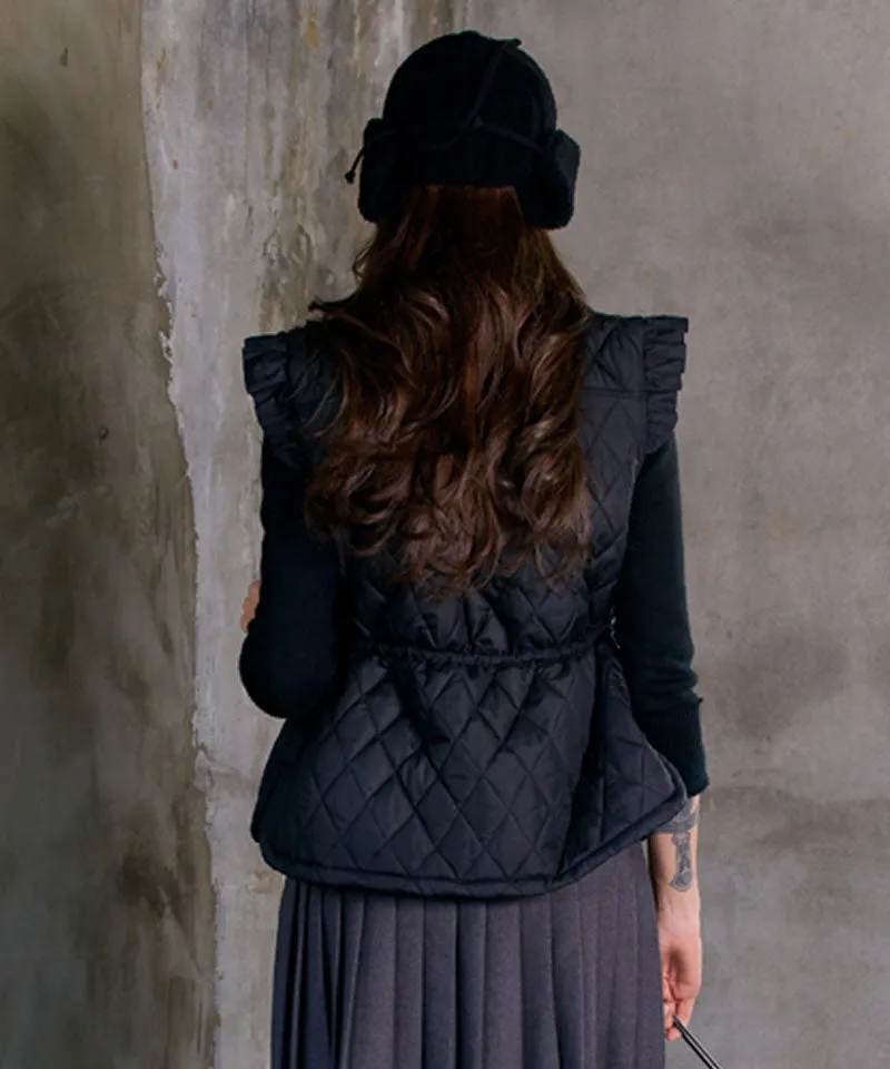 BENECIA 12 Frill Quilted Vest - Black