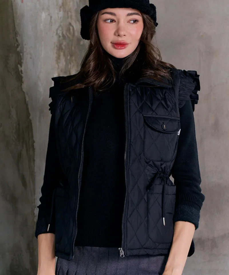 BENECIA 12 Frill Quilted Vest - Black