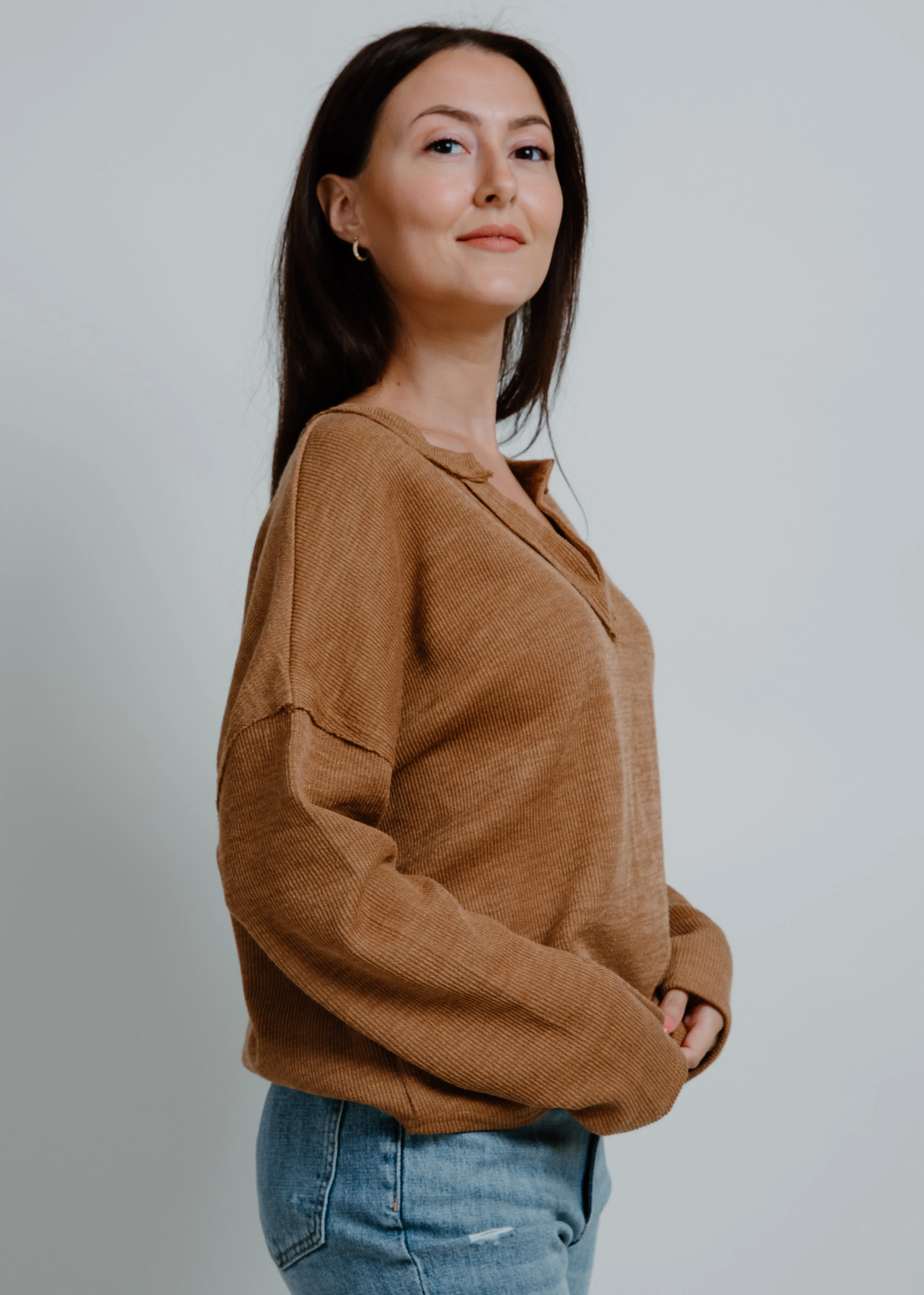 Benton Solid Notch Neck Knit Top - Almond