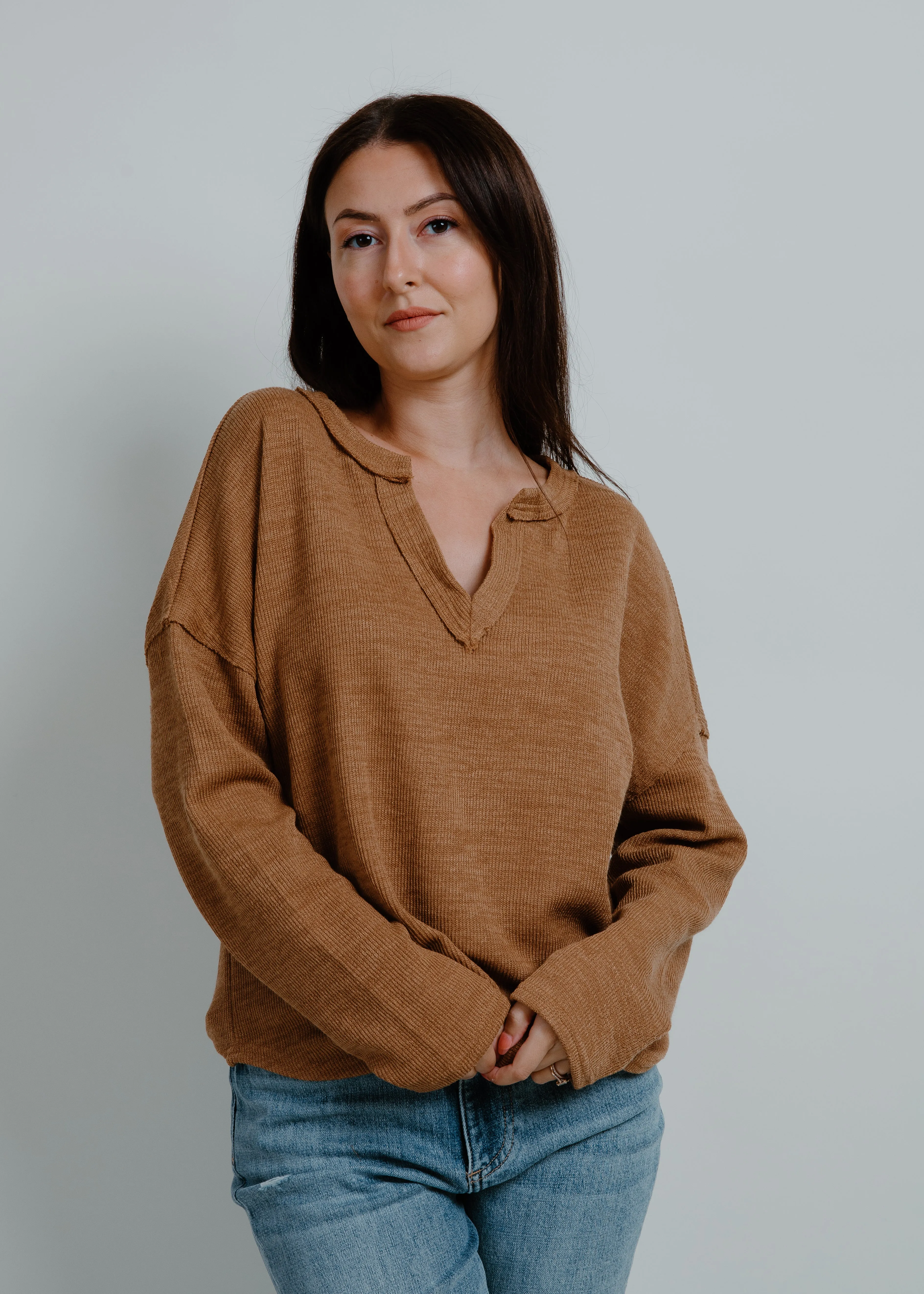 Benton Solid Notch Neck Knit Top - Almond
