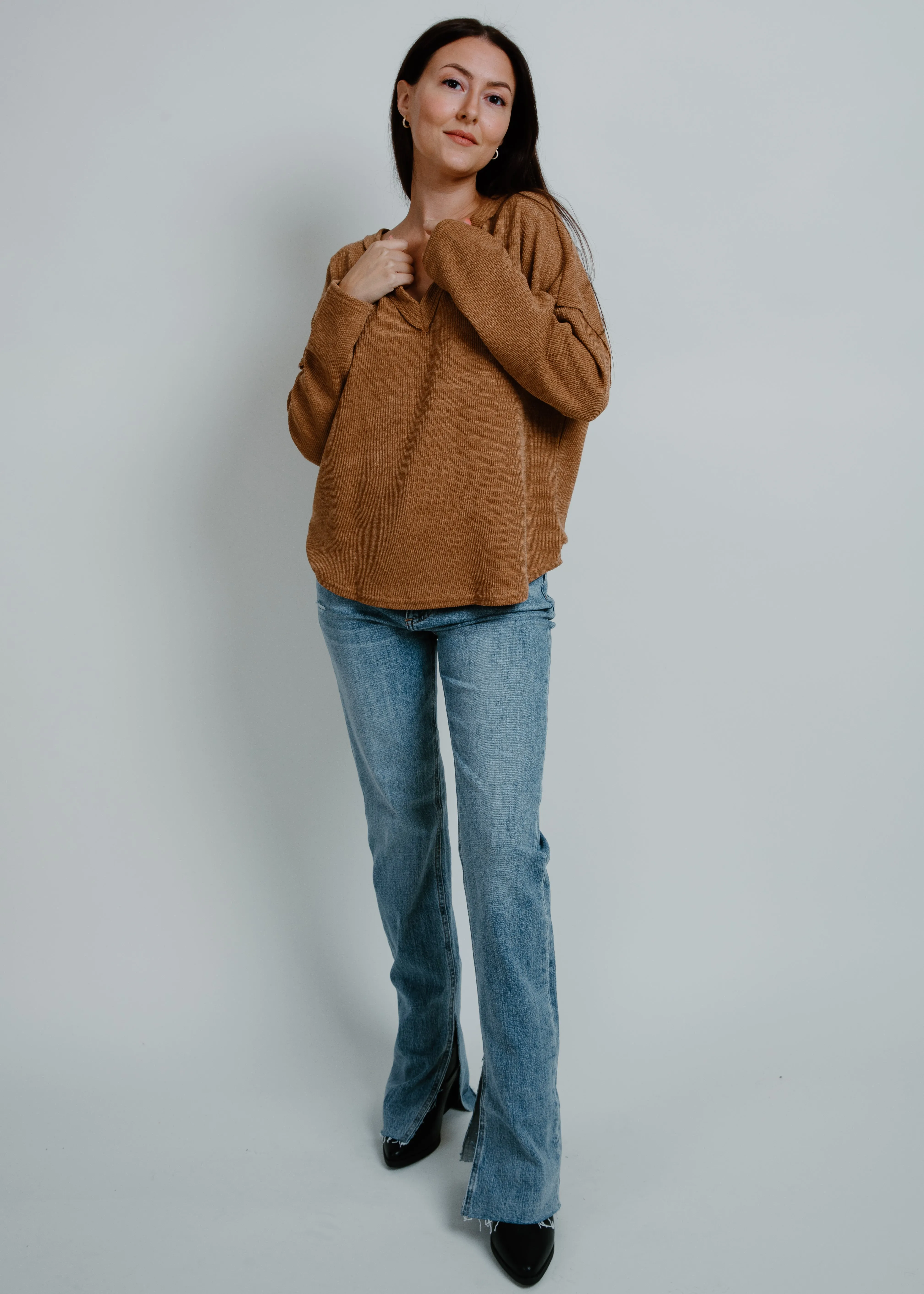 Benton Solid Notch Neck Knit Top - Almond