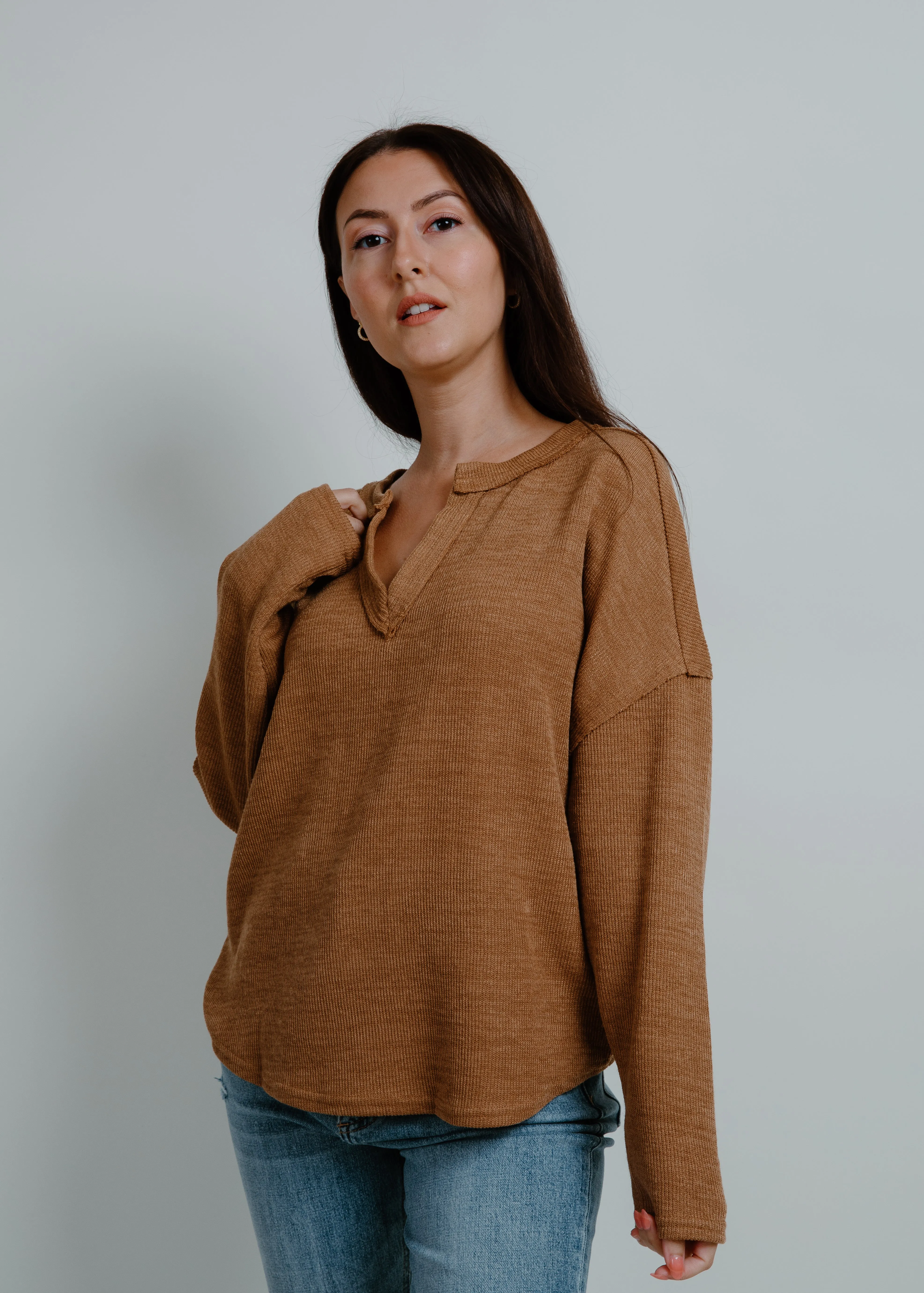 Benton Solid Notch Neck Knit Top - Almond