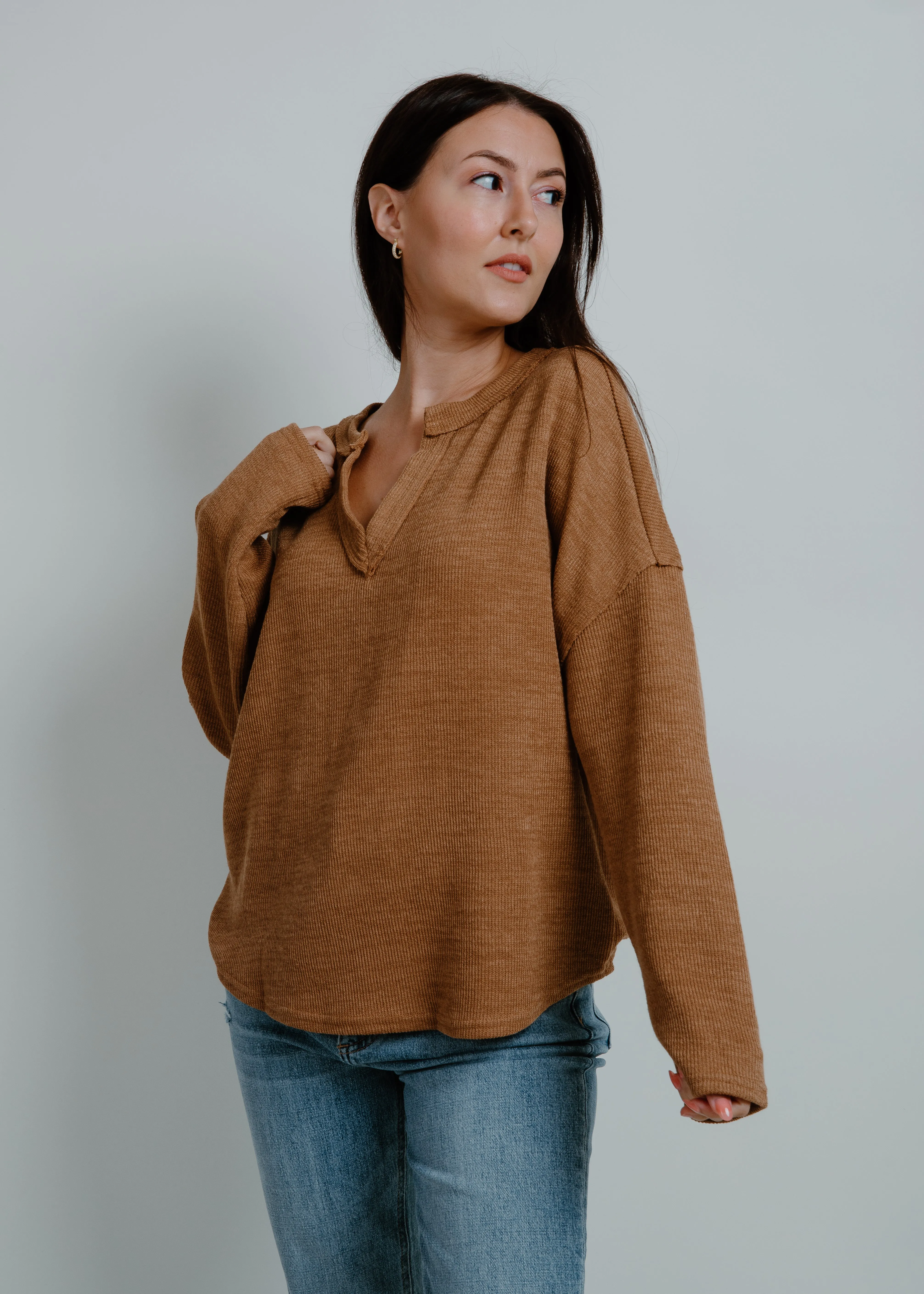 Benton Solid Notch Neck Knit Top - Almond