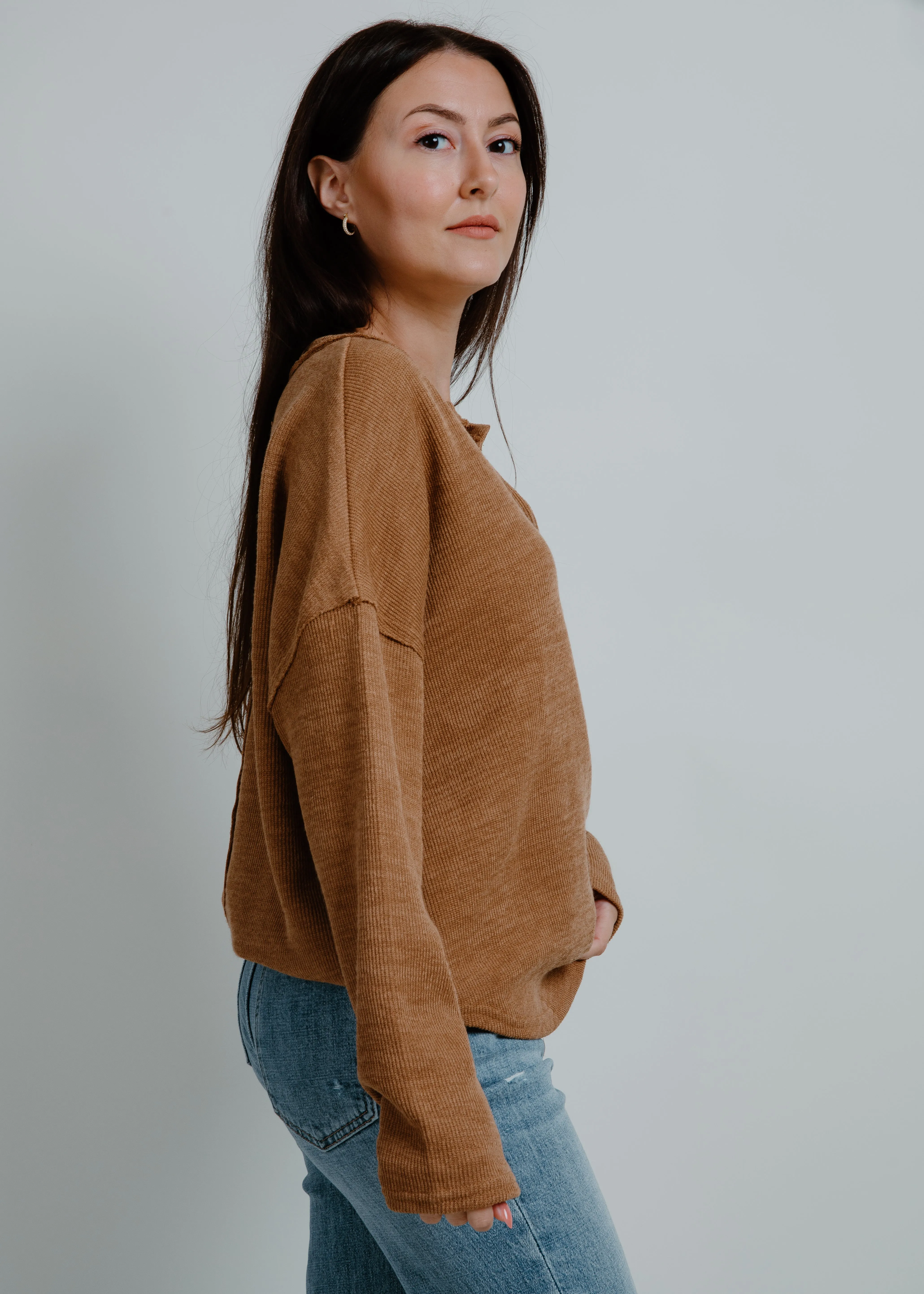 Benton Solid Notch Neck Knit Top - Almond