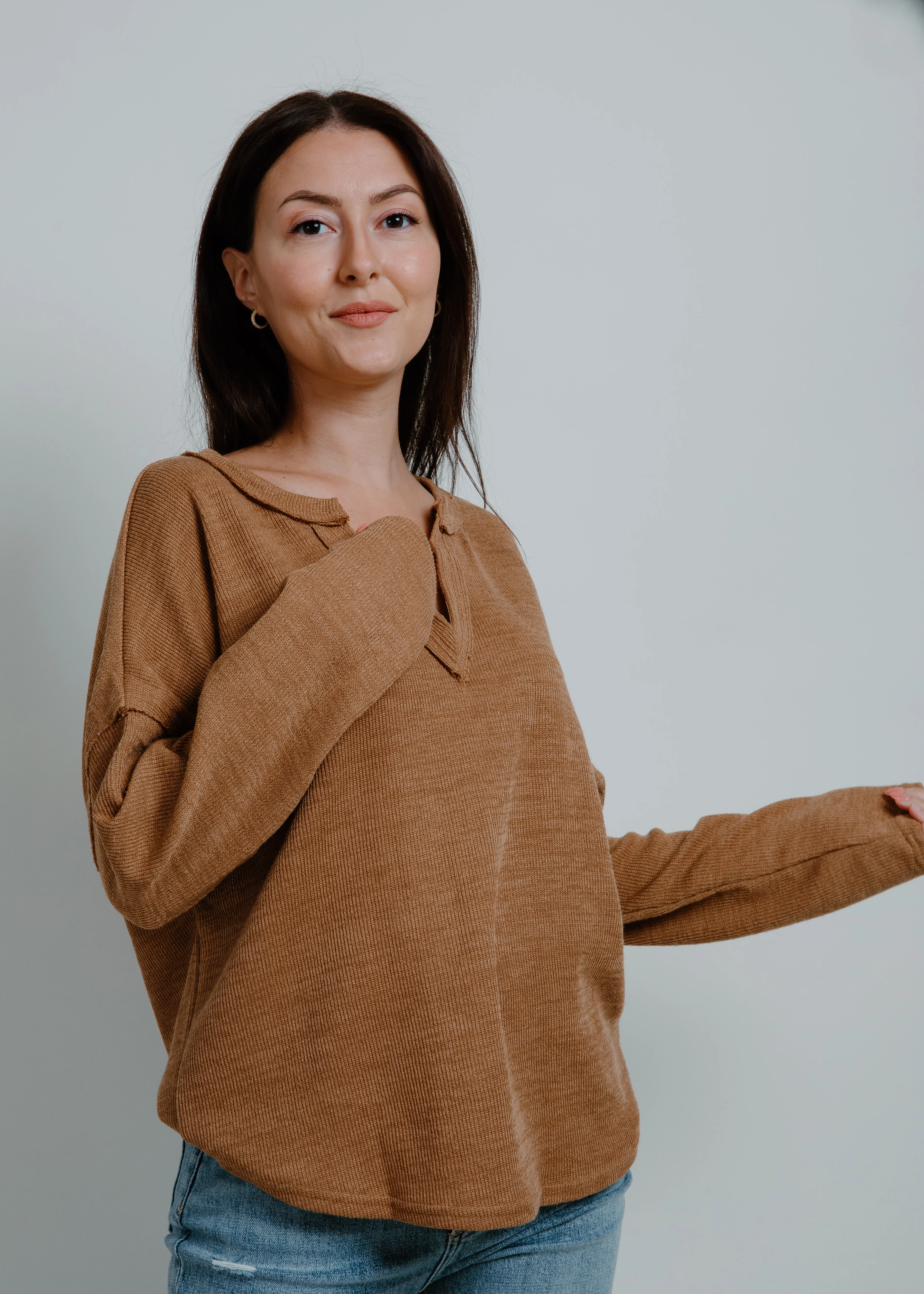 Benton Solid Notch Neck Knit Top - Almond