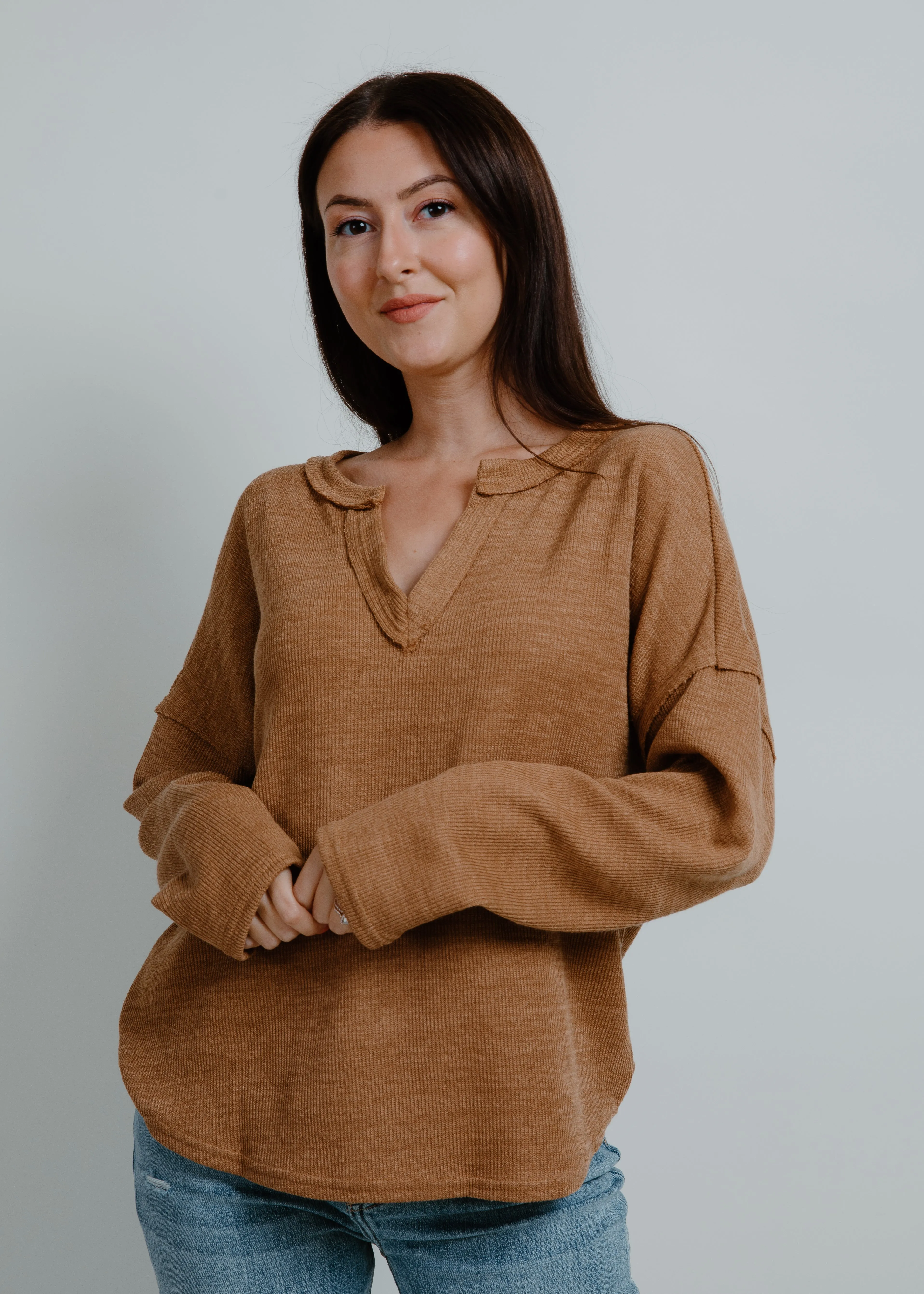 Benton Solid Notch Neck Knit Top - Almond