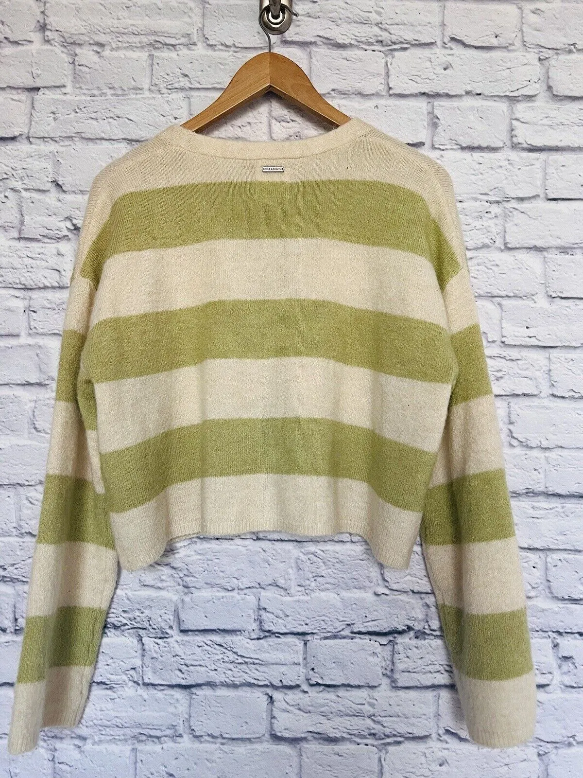 BILLABONG Womens Sweater Crop Sz M Lime/Cream Cozy Soft Cardigan