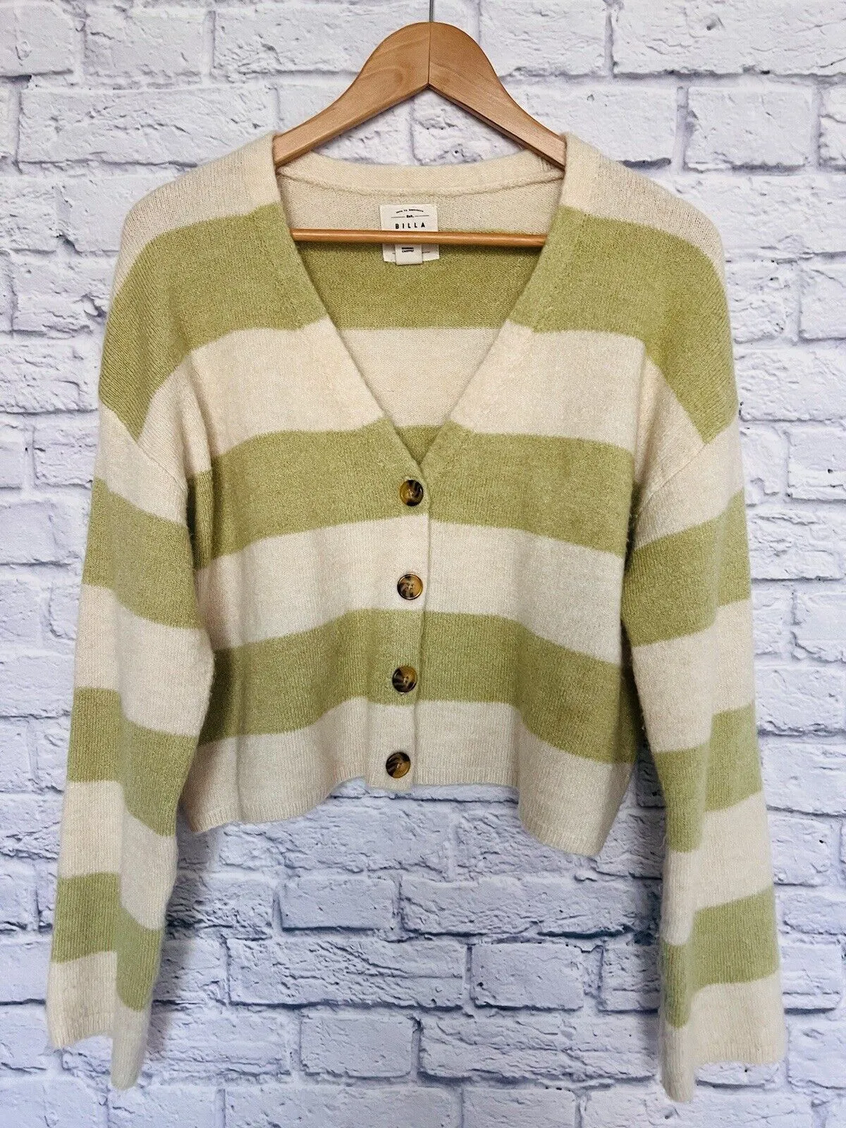 BILLABONG Womens Sweater Crop Sz M Lime/Cream Cozy Soft Cardigan