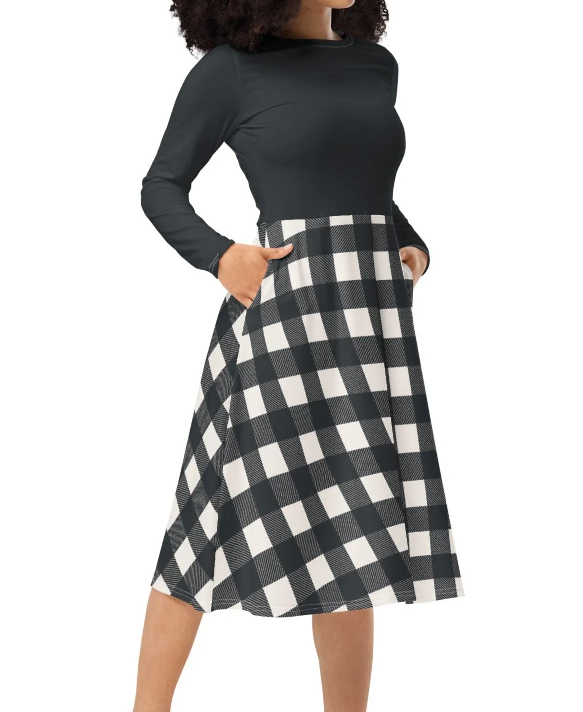 Black & White Buffalo Check Midi Dress (S-6XL)