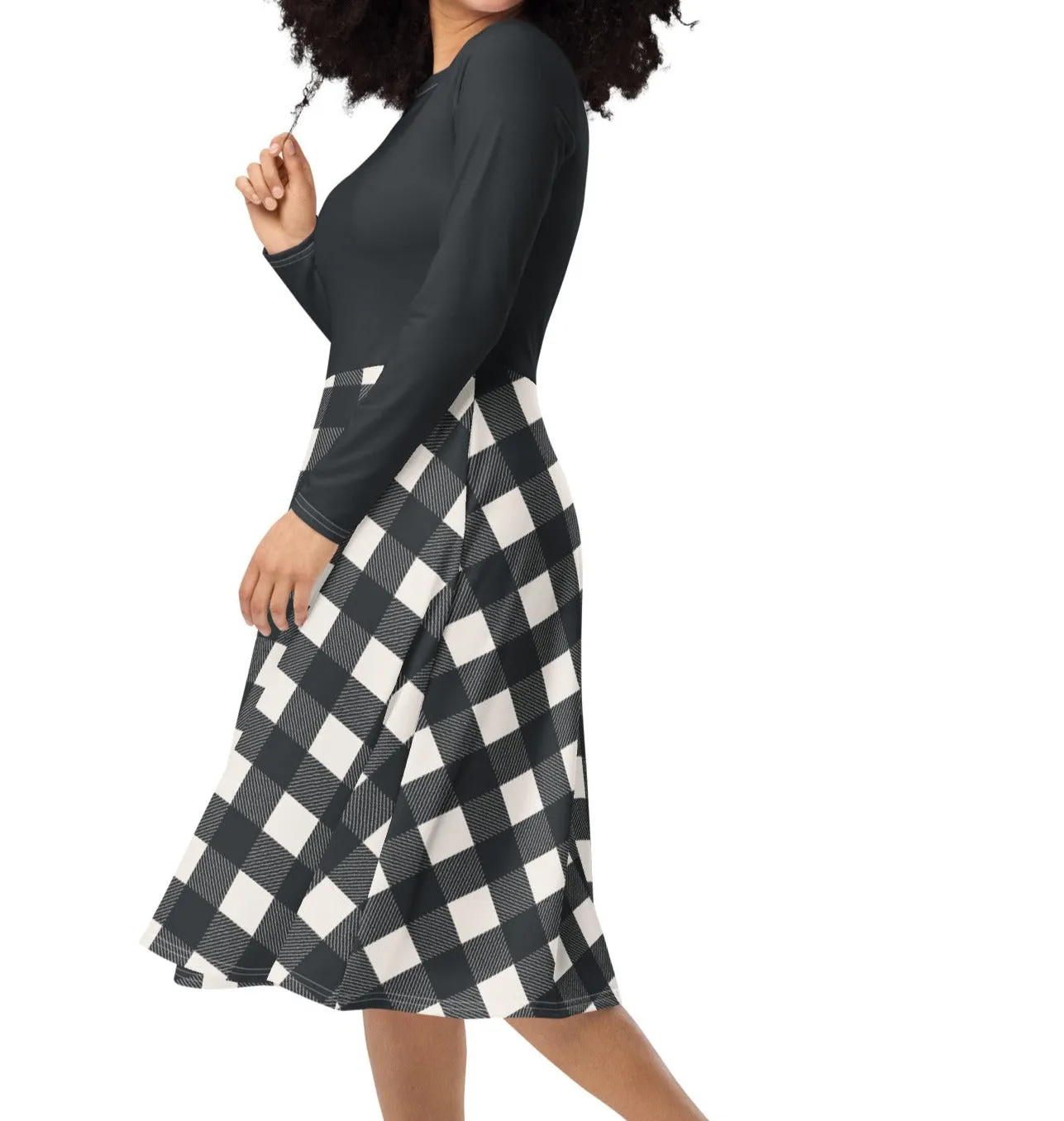 Black & White Buffalo Check Midi Dress (S-6XL)