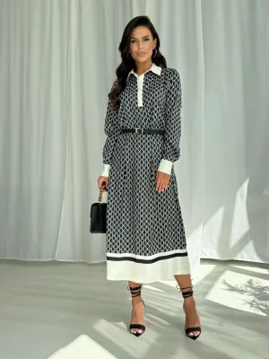 BLACK AND WHITE SILKY MIDI DRESS WITH A BELT
