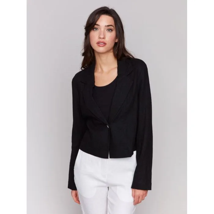 Black Cropped Linen Blend Blazer