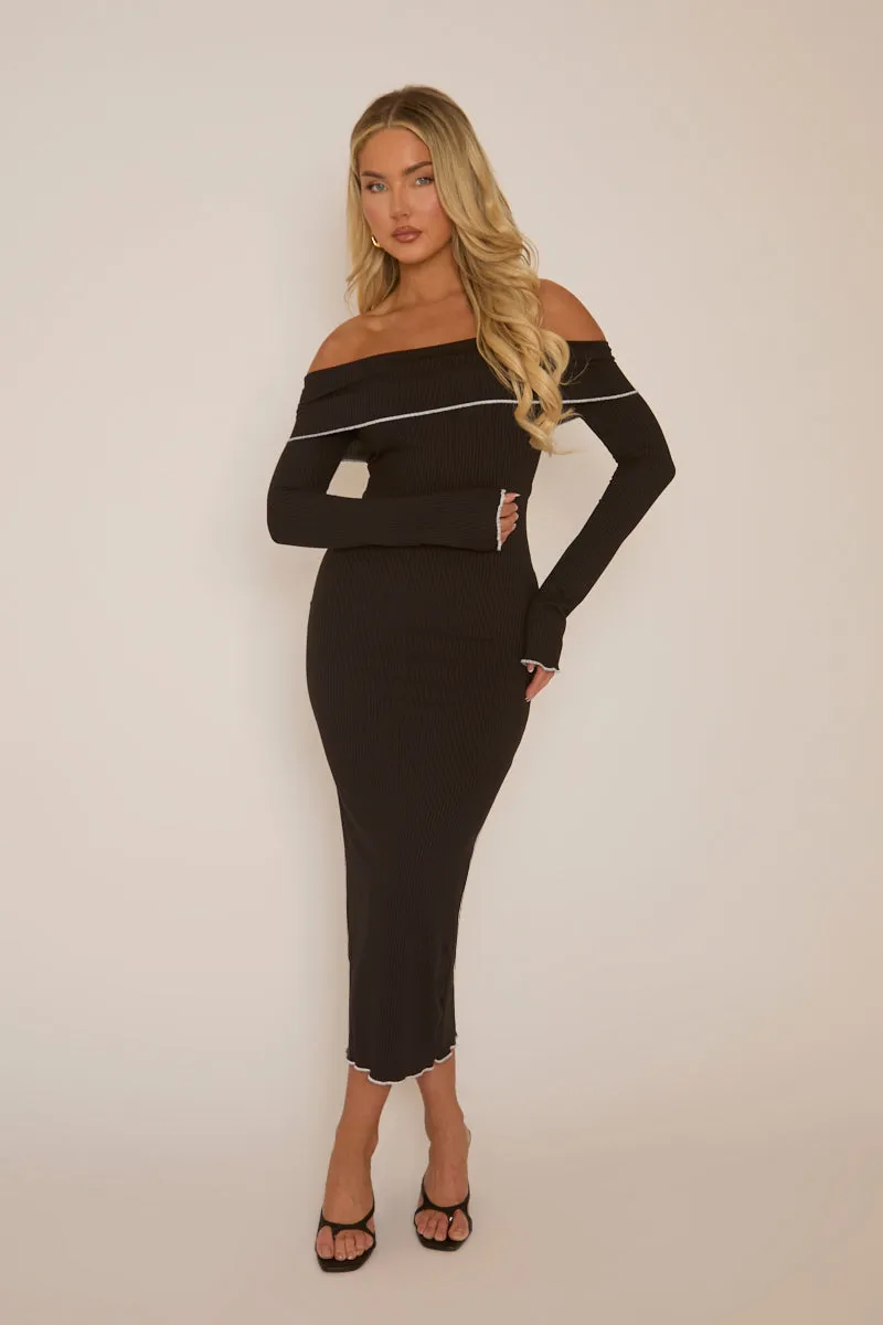 Black Knitted Fold Over Bardot Contrast Midi Dress - Josy