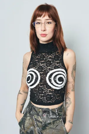 Black Lace Swirl Boobs Mock Neck Tank