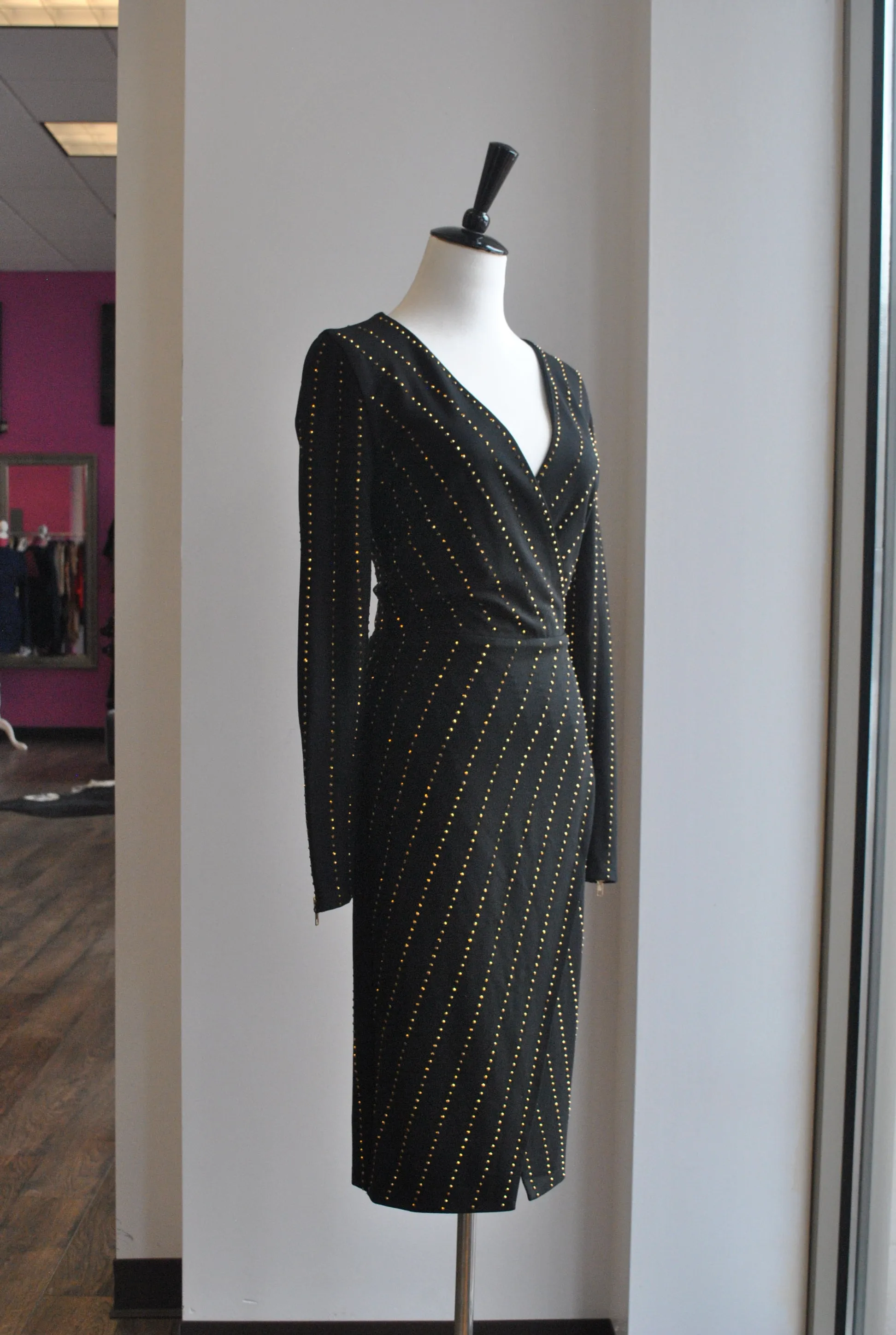 BLACK MIDI DRESS WTH GOLD STUDS