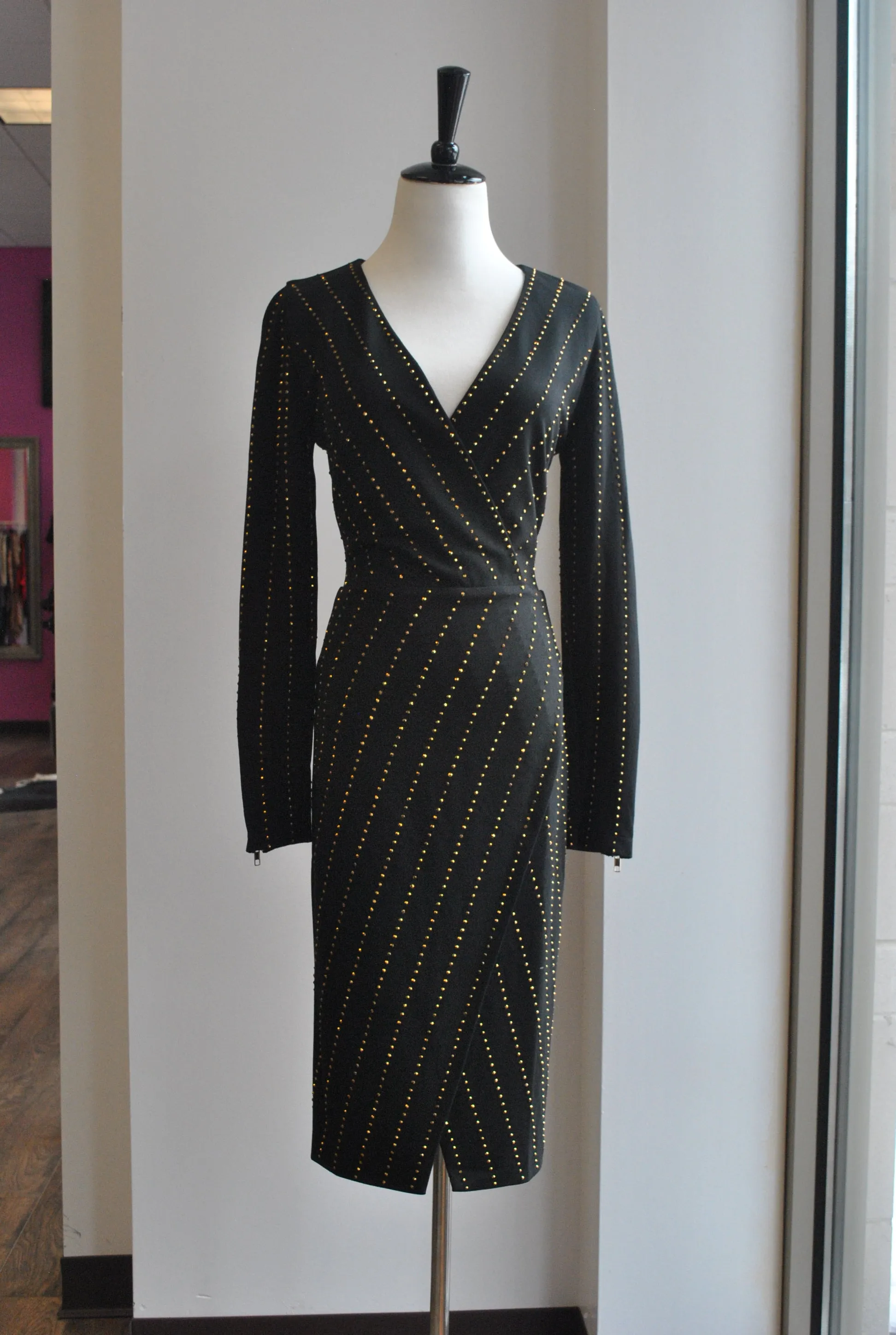 BLACK MIDI DRESS WTH GOLD STUDS