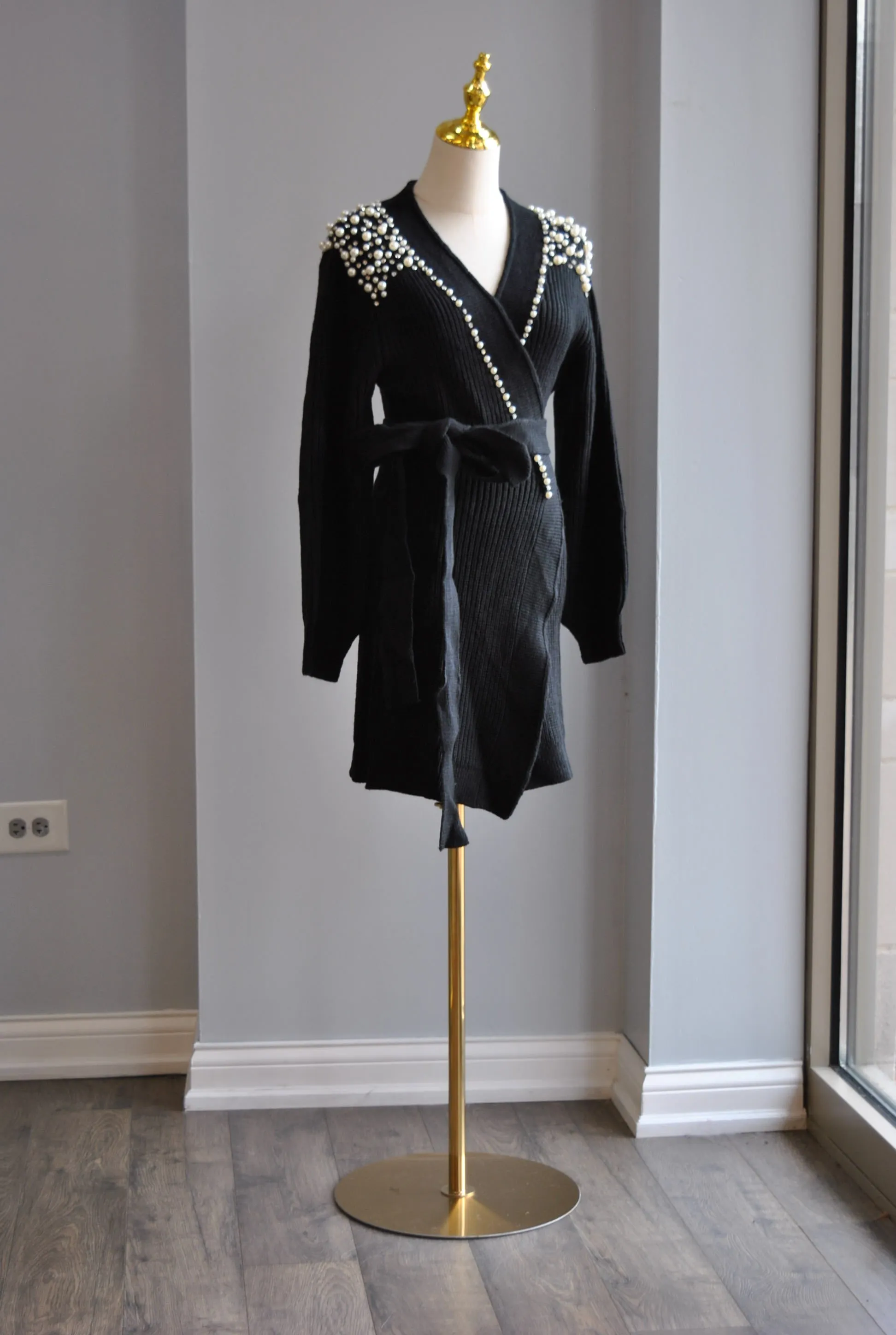 BLACK WRAP SWEATER WITH PEARLS AND CRYSTALS