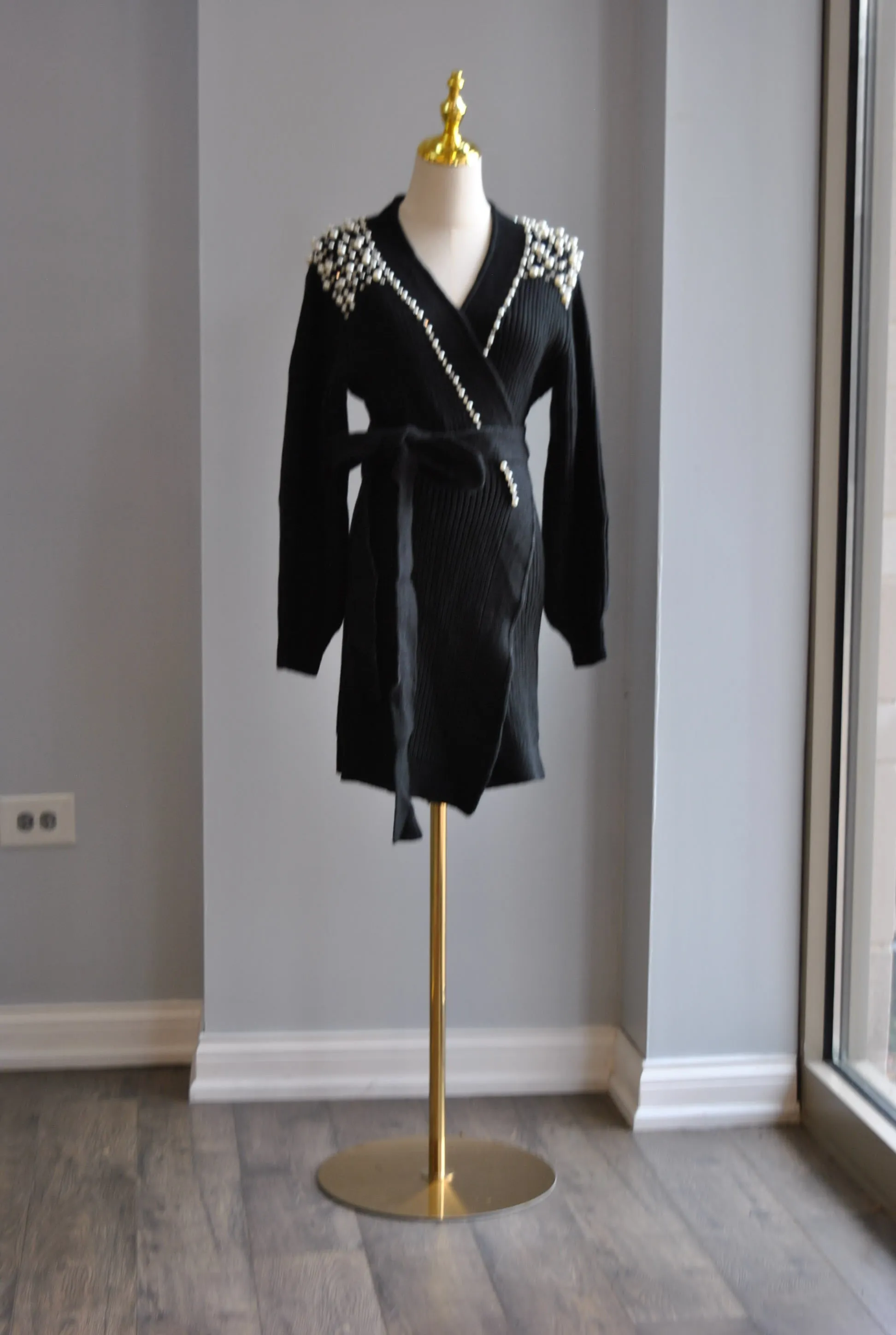 BLACK WRAP SWEATER WITH PEARLS AND CRYSTALS