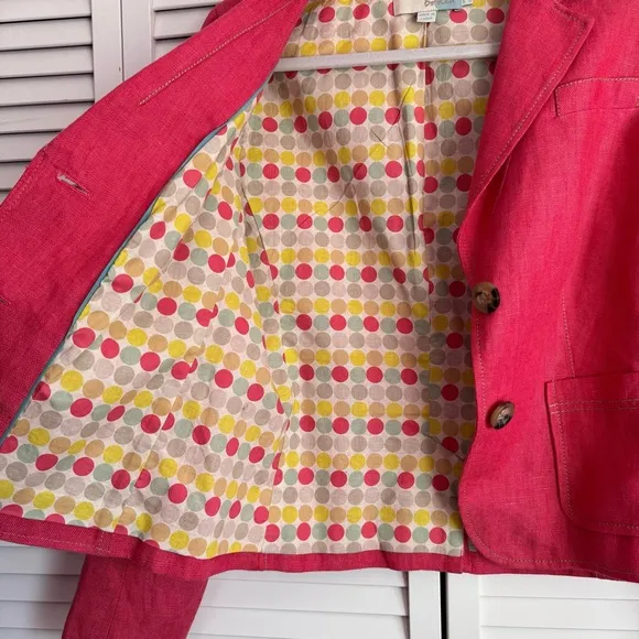 Boden Linen Pink Blazer Jacket Polka Dot Cotton Lining Contrasting Stitching 8
