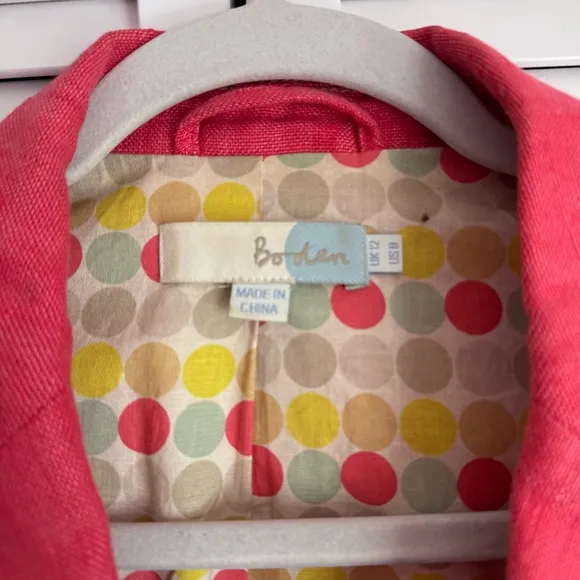 Boden Linen Pink Blazer Jacket Polka Dot Cotton Lining Contrasting Stitching 8