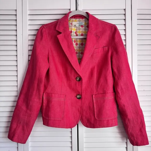 Boden Linen Pink Blazer Jacket Polka Dot Cotton Lining Contrasting Stitching 8