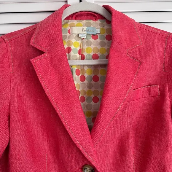 Boden Linen Pink Blazer Jacket Polka Dot Cotton Lining Contrasting Stitching 8