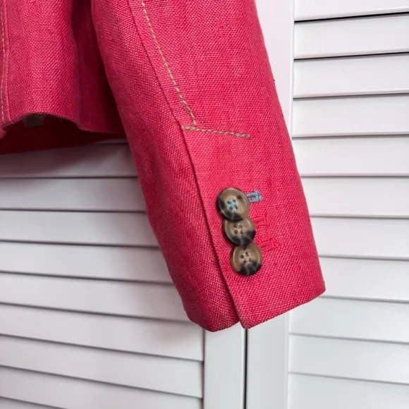 Boden Linen Pink Blazer Jacket Polka Dot Cotton Lining Contrasting Stitching 8