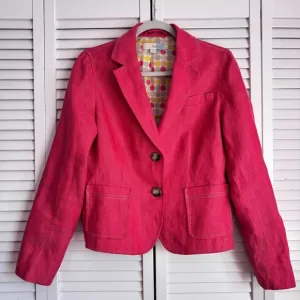 Boden Linen Pink Blazer Jacket Polka Dot Cotton Lining Contrasting Stitching 8