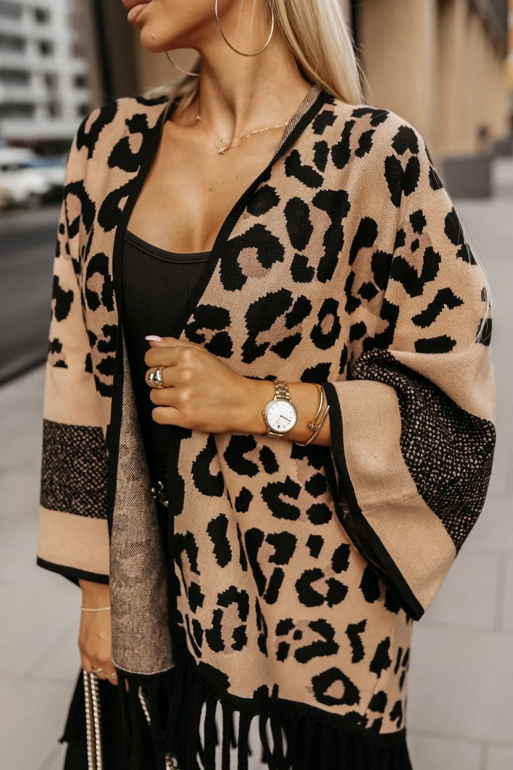 Brown Leopard Wide Sleeve Fringe Hem Sweater Cardigan