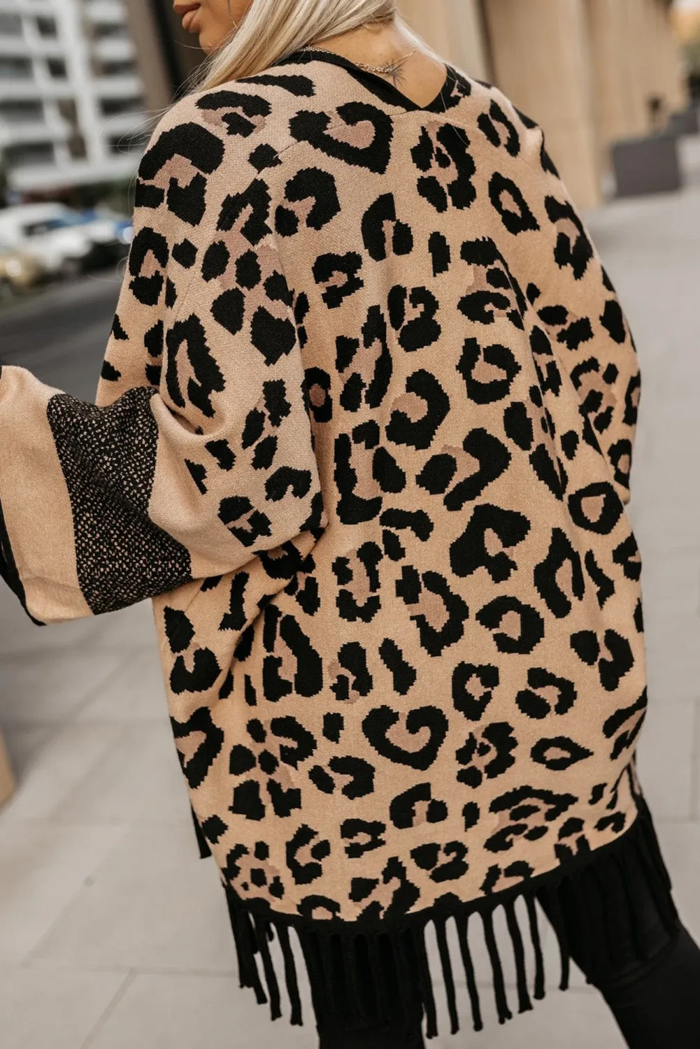 Brown Leopard Wide Sleeve Fringe Hem Sweater Cardigan