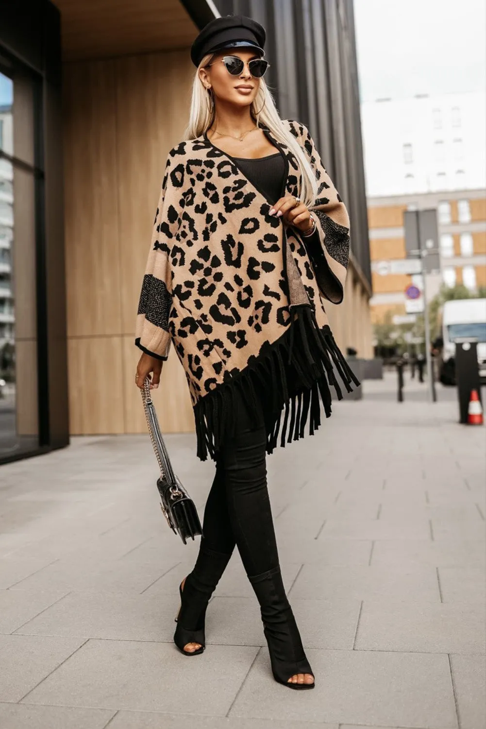 Brown Leopard Wide Sleeve Fringe Hem Sweater Cardigan