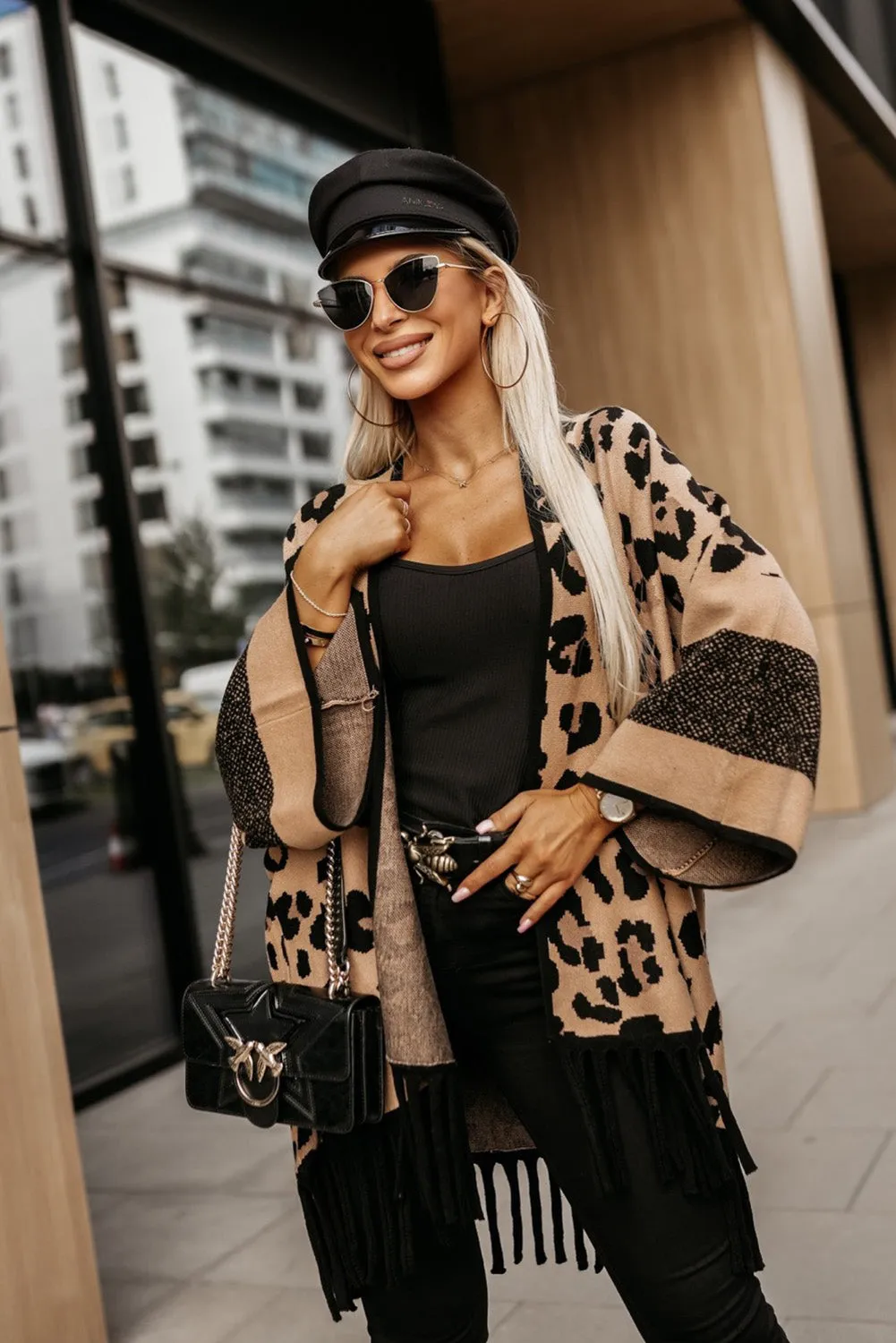 Brown Leopard Wide Sleeve Fringe Hem Sweater Cardigan