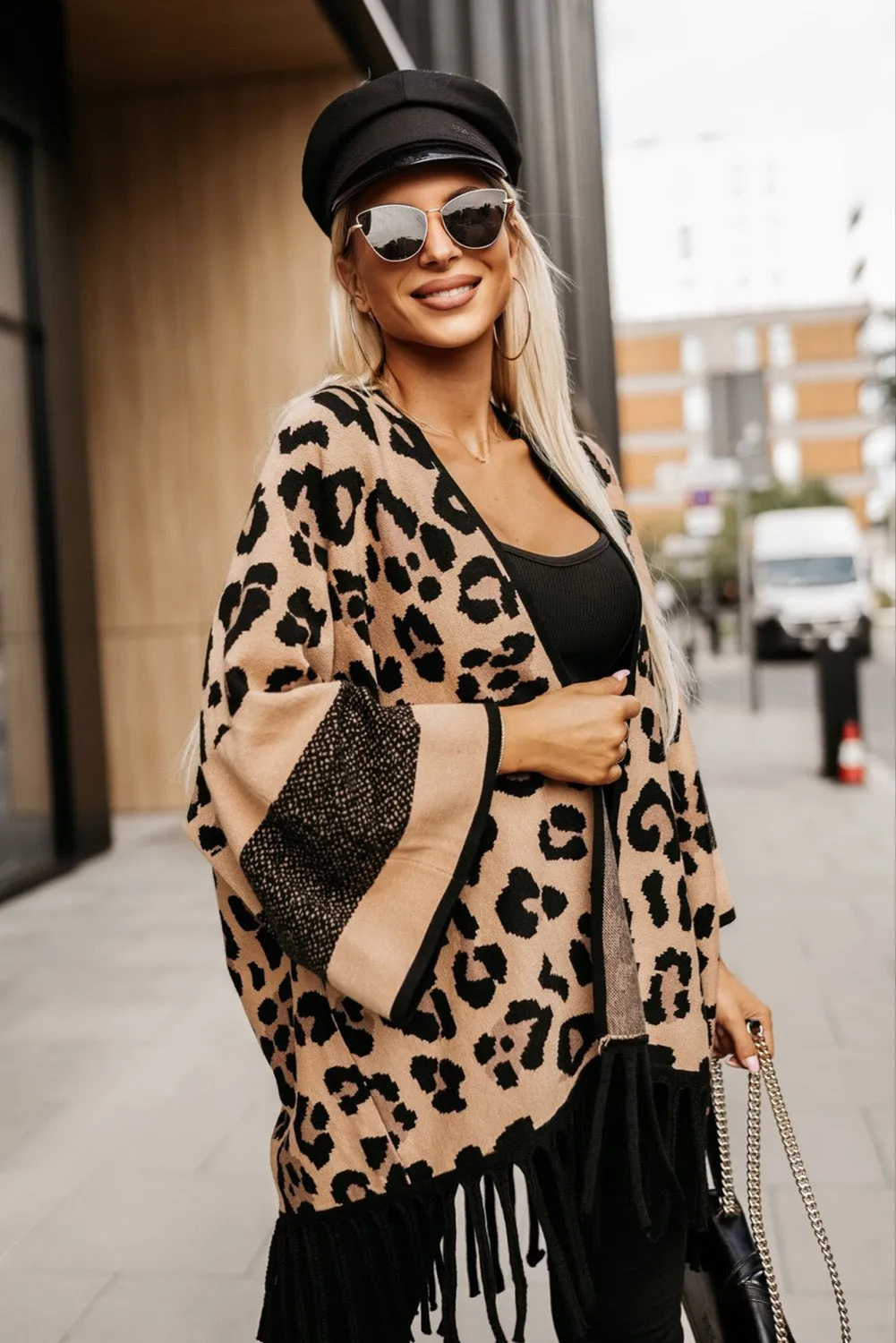 Brown Leopard Wide Sleeve Fringe Hem Sweater Cardigan