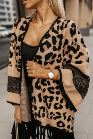 Brown Leopard Wide Sleeve Fringe Hem Sweater Cardigan