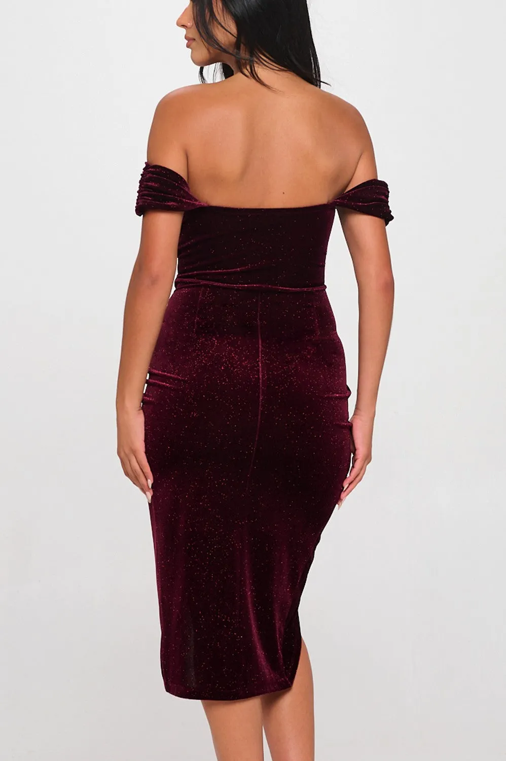 Burgundy Velvet Glitter Off The Shoulder Dress