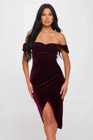Burgundy Velvet Glitter Off The Shoulder Dress