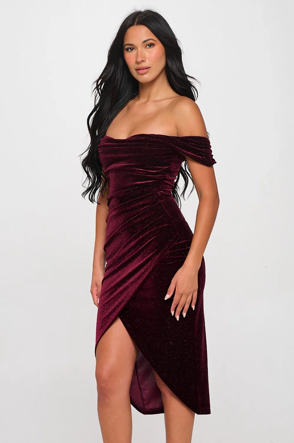Burgundy Velvet Glitter Off The Shoulder Dress