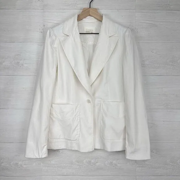 By Anthropologie Elvire Linen Blend Blazer Jacket Women 6 White Twill Preppy