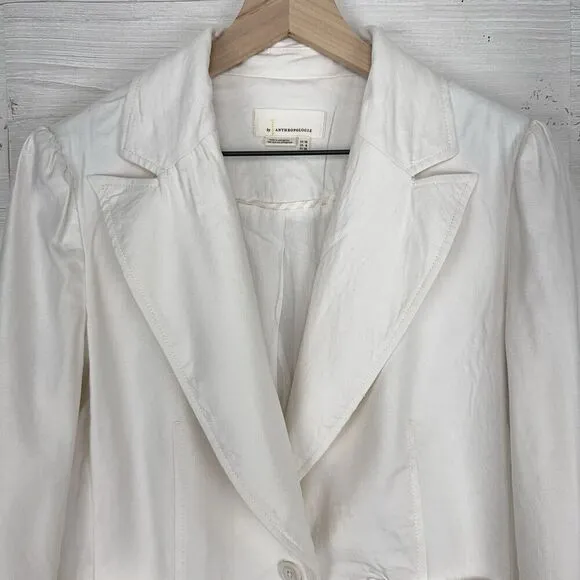 By Anthropologie Elvire Linen Blend Blazer Jacket Women 6 White Twill Preppy