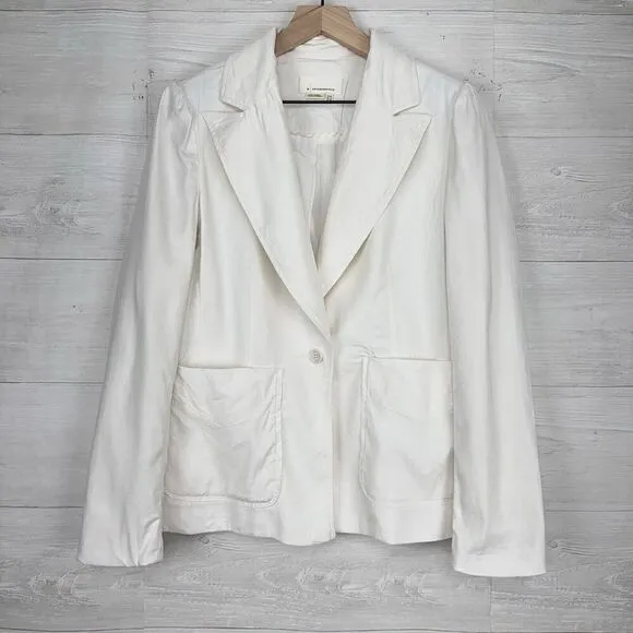 By Anthropologie Elvire Linen Blend Blazer Jacket Women 6 White Twill Preppy