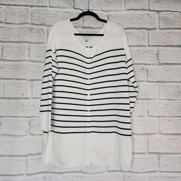 Cabi Knitted Button Up Striped Turnabout Cardigan Sweater White Size Medium 6164