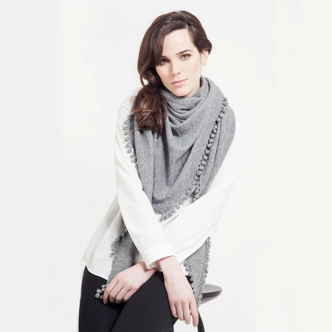 Cashmere Contrast Pom Pom Triangle Wrap in Midnight/Ivory