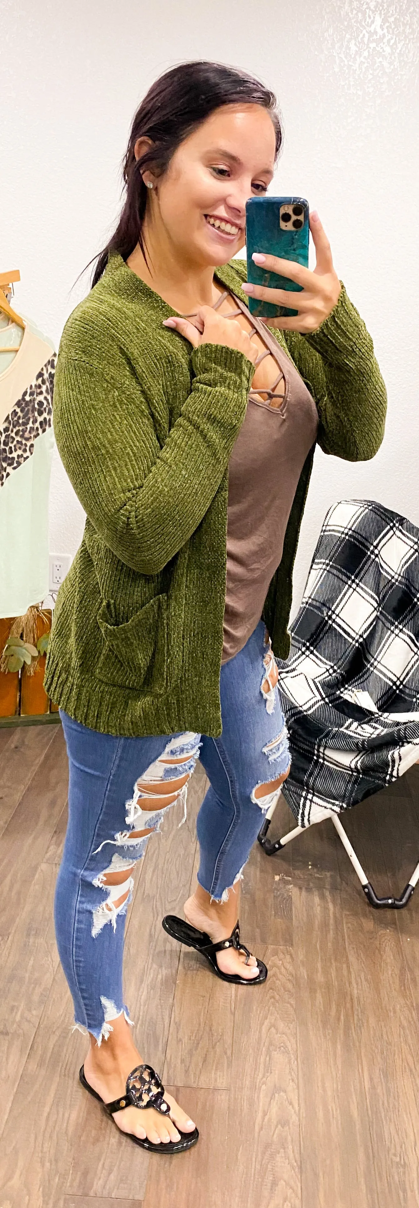 Chenille Olive Cardigan
